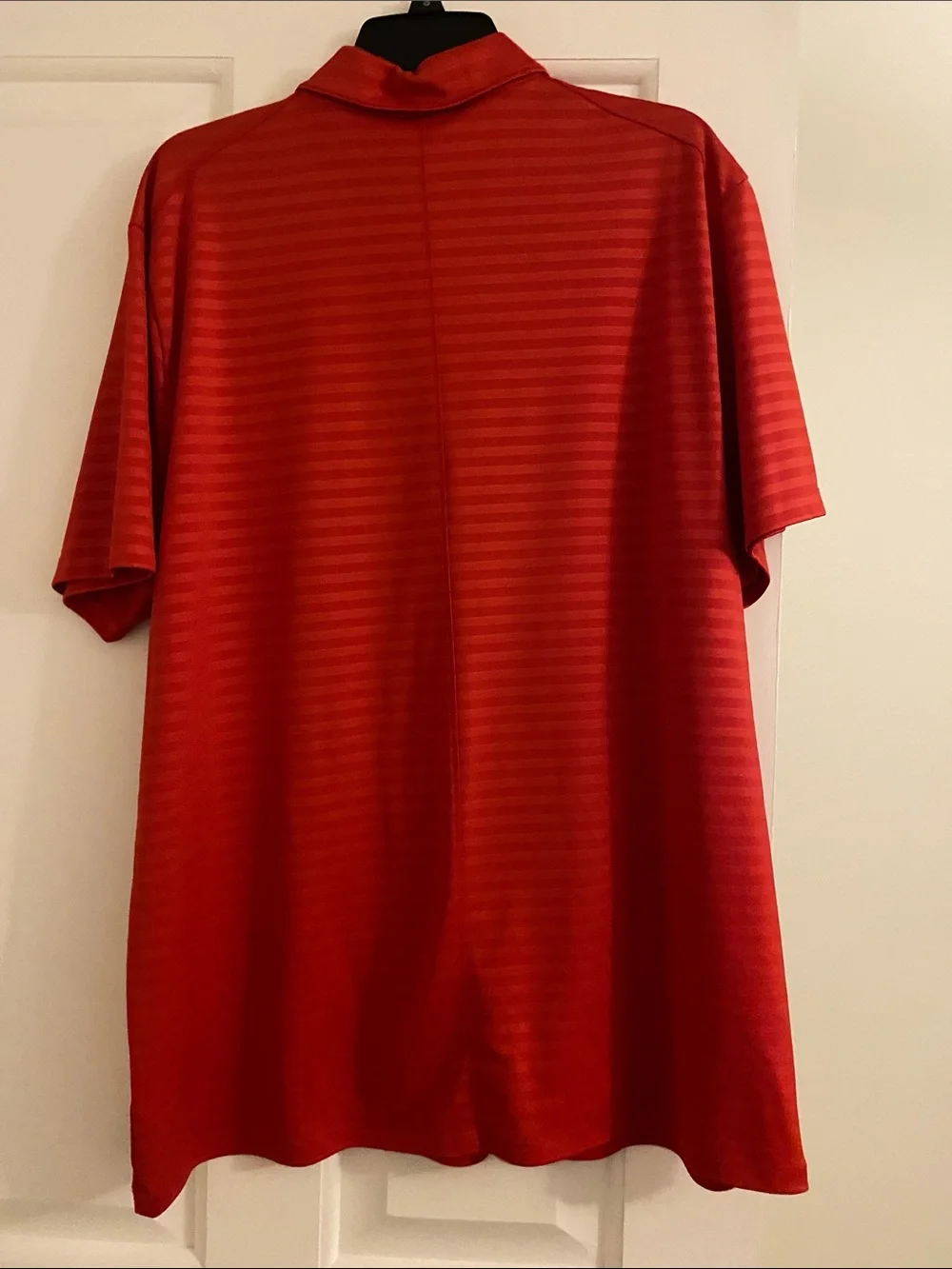 Nike Red Men's Striped Dri-FIT Polo with Black Swoosh